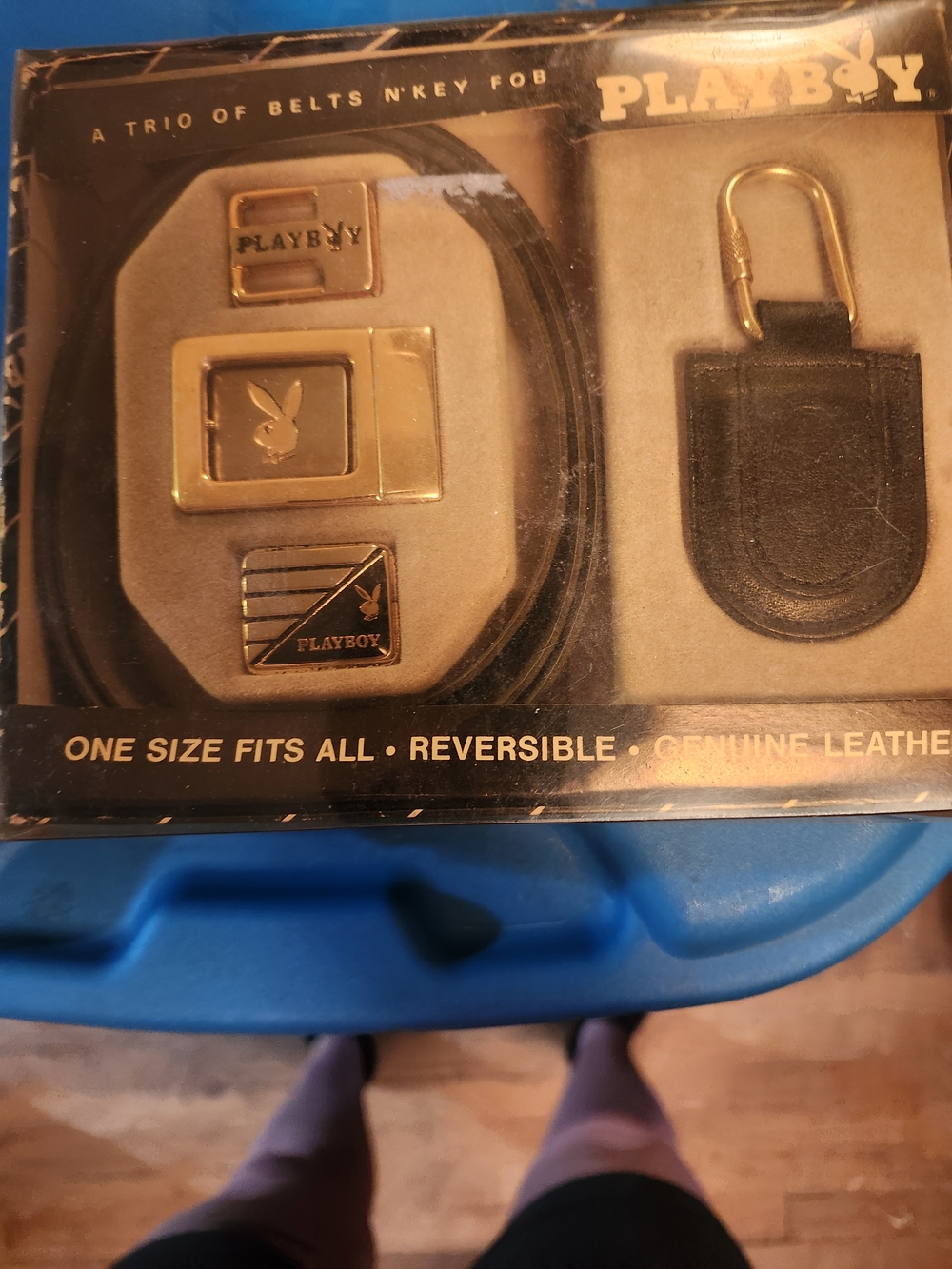 PLAYBOY Men's Reversible Black Leather Belt Set with Gold Buckles & Key Fob